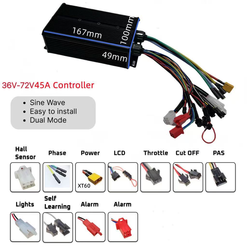 72V 45A Dual Controller - จัดหาโดยตรงจากโรงงานข้ามพรมแดน คอนโทรลเลอร์คลื่นไซน์สามโหมดแบบสองท่อ 36V 48V 52V 60V